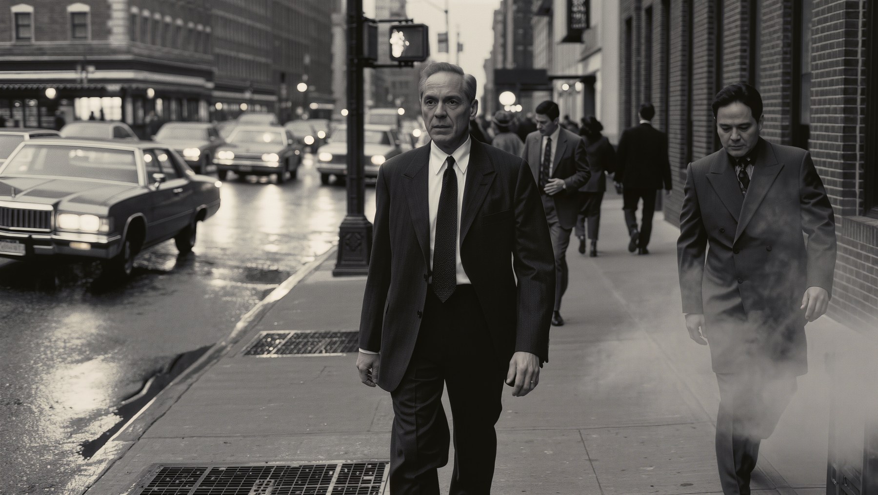 1980s New York street scene in black and white.