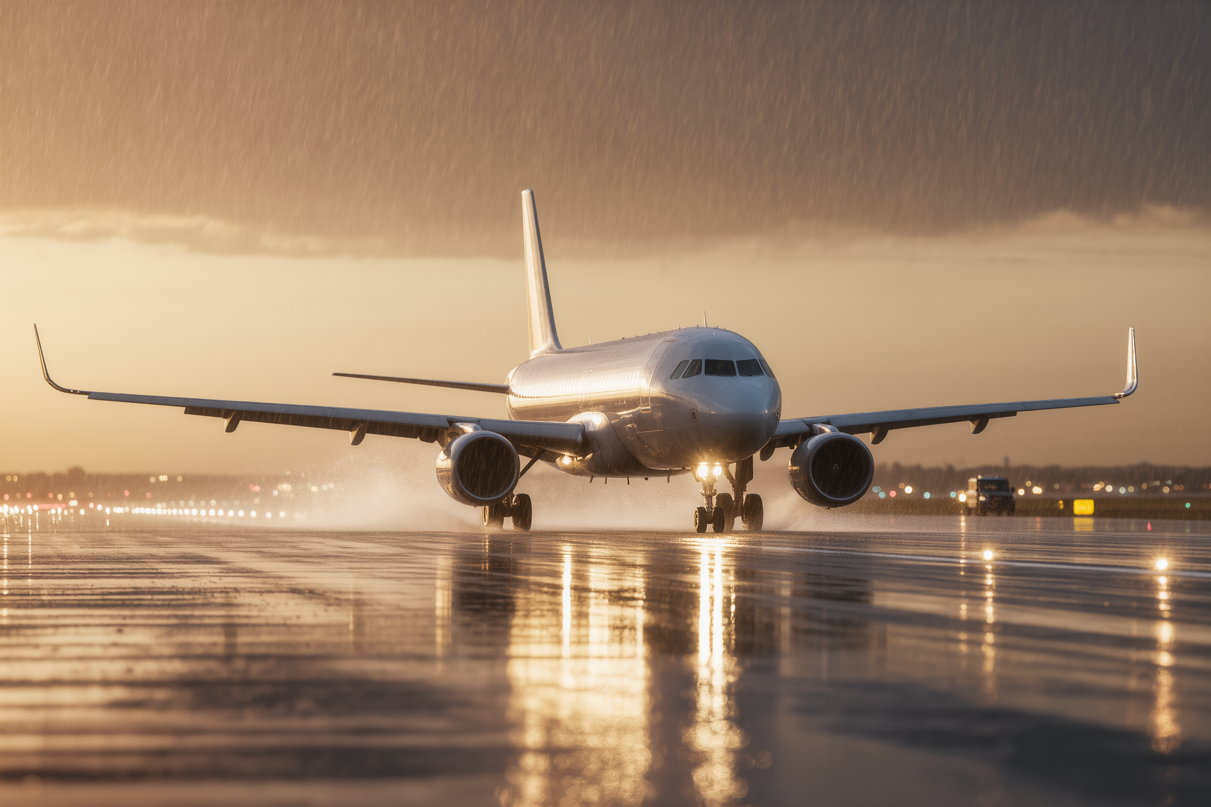 Commercial airliner landing on a wet runway in golden light and rain.