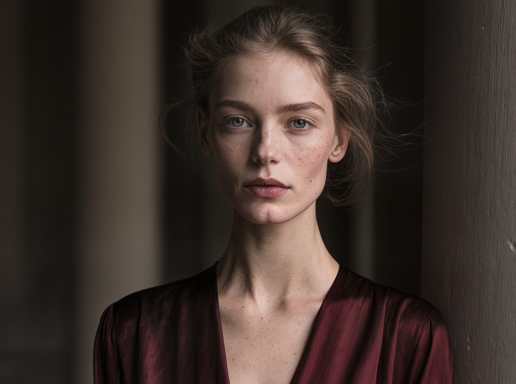 Editorial portrait of a woman in a burgundy dress.