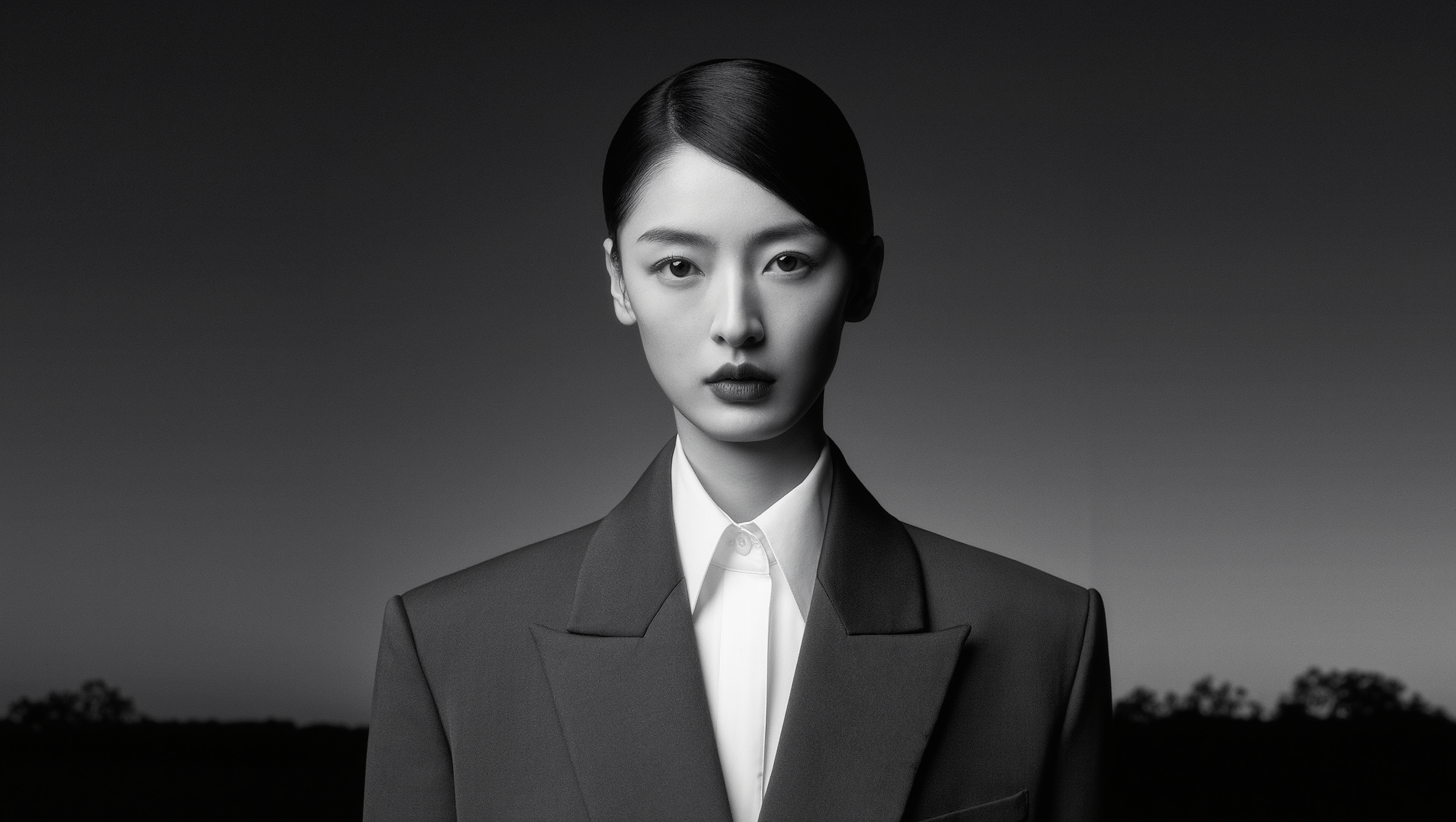 Monochrome editorial portrait of a woman in tailored black and white styling.