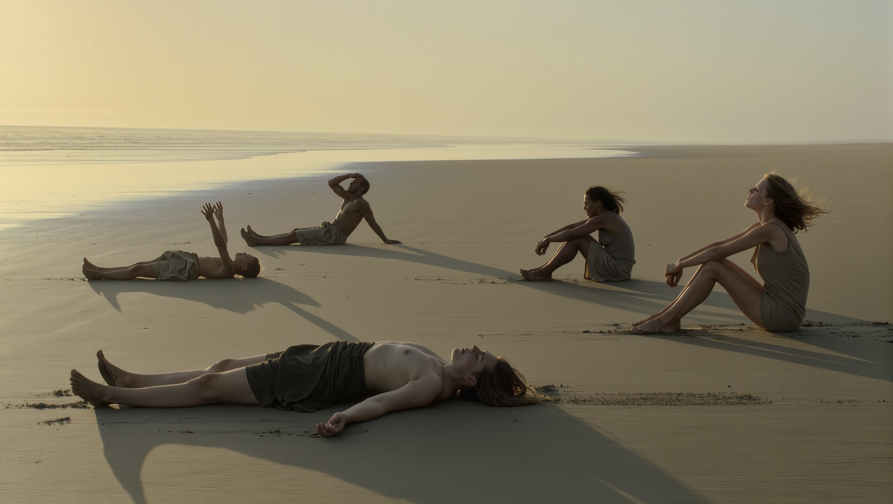 Several figures sitting and lying on a quiet beach.