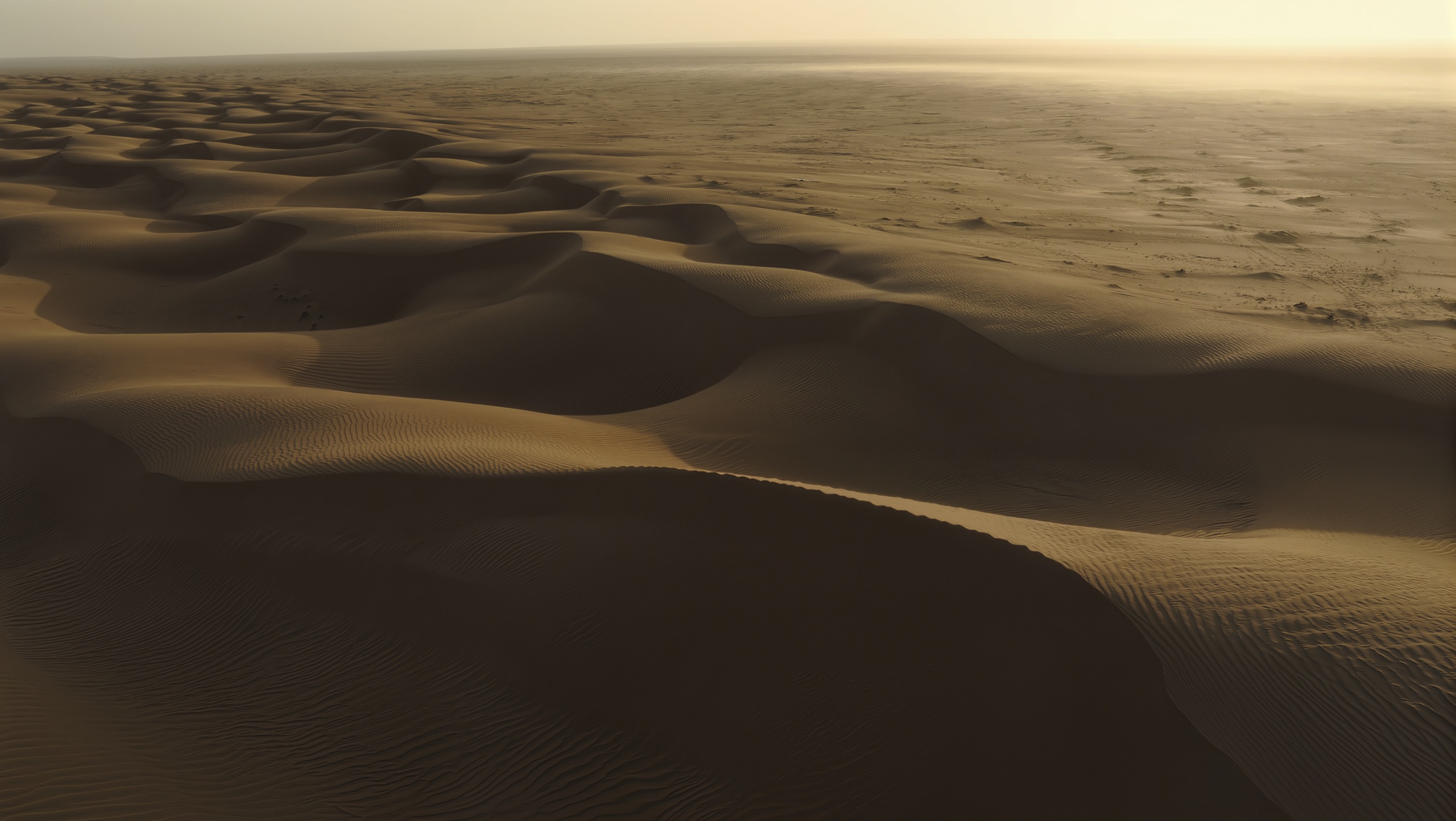 Golden desert dunes stretching toward a bright cinematic horizon.