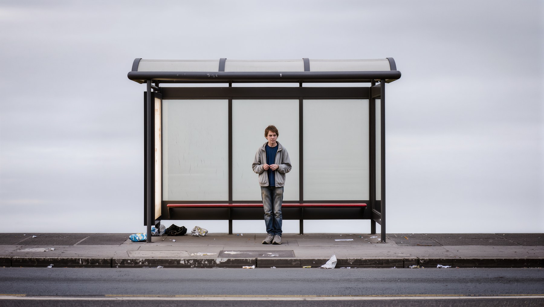 Person standing alone at a bus stop.