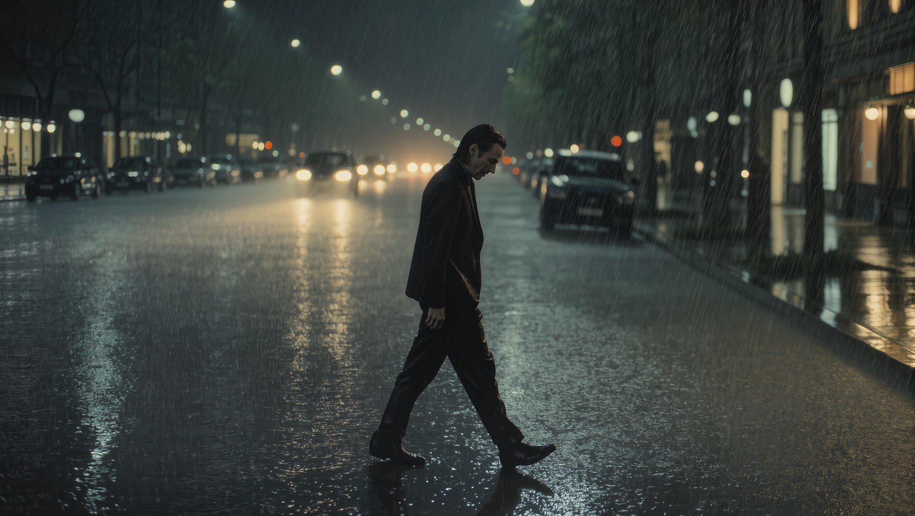 Man crossing a rainy street at night.