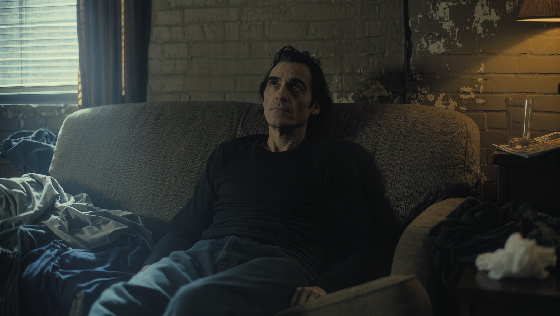Man sitting alone on a sofa in a moody interior.